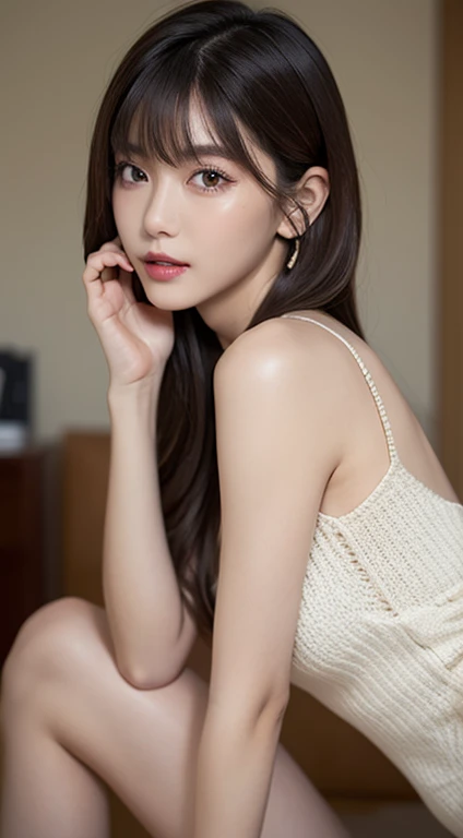 (Best Quality, 8K, masutepiece, Ultra HD: 1.3), 1girl in, mideum breasts, light brown hair, Blunt bangs, hair behind ear, hair over shoulder, Long hair, slender body shape, Ultra Fine Face, Delicate lips, Beautiful eyes, Double eyelids, lipsticks,Facial ex...