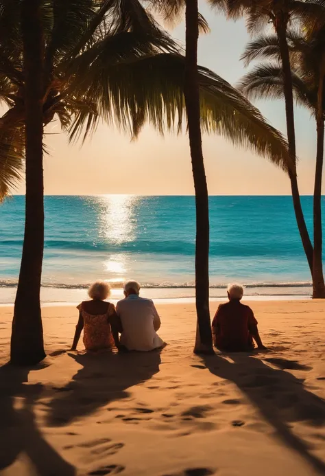 tropical，beachside，the setting sun，the sunset，coconut palms，Delicate sandy beach，An elderly couple sits on the beach，Back shadow，looking at the ocean，