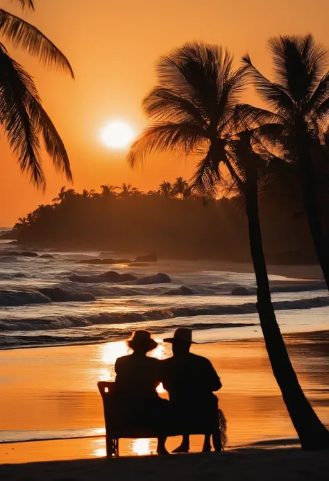 tropical，beachside，the setting sun，the sunset，coconut palms，Delicate sandy beach，An elderly couple sits on the beach，Back shadow，looking at the ocean，