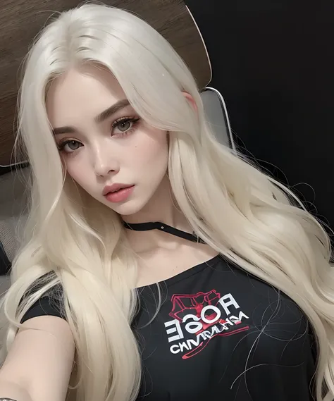 um close up de uma mulher com longos cabelos loiros vestindo uma camisa preta, menina perfeita de cabelos brancos, com cabelos longos brancos, com longos cabelos brancos, her hair is white, menina com cabelo branco, menina coreana, Modelo IG | Artgerm, ava...