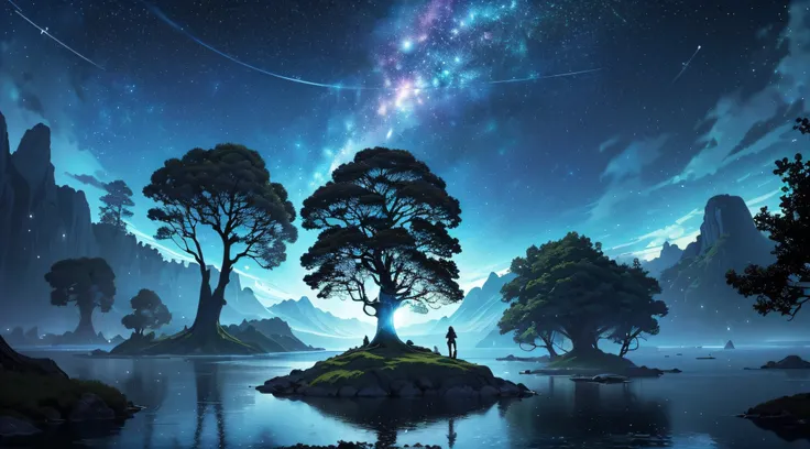 ​masterpiece、Background with((Fantastic starry sky、meteors、black hole、planetes))、Depth((Mysterious giant tree、Luminescent、There are many islands floating around、Tree House、plants、))、Looking up