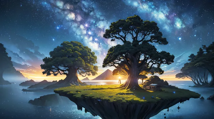 ​masterpiece、Background with((Fantastic starry sky、meteors、black hole、planetes))、Depth((Mysterious giant tree、It emits yellow light、There are islands floating in the sky around、Tree House、plants、))、Looking up