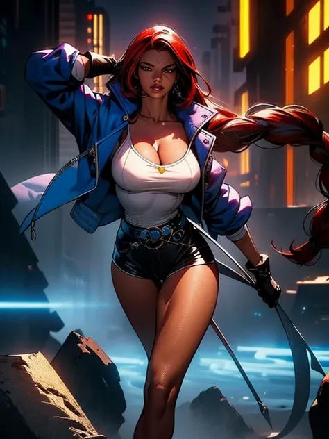 (masterpiece), (best quality:1.4), (perfect anatomy:1.4), high quality, expressive eyes, full body, detailed face, beautiful face, perfect face, 1 girl, breasts, cleavage, gloves, huge breasts, cyberpunk clothes, ultramarine jacket, very long hair, thigh l...