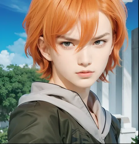 A man with realistic short orange hair, exactly the same hairstyle, realistic handsome face, realistic angry expression,realistic fierce facial expression, adapt exact clothing, realistic light, realistic shadows, realistic background,Hes a male