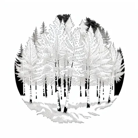 Black and white image of a birch tree with birds flying by, Birds & Trees, Forest Drawing, graceful, a tree, Black & White Vector, Only black and white color, the trees, High art, Birch, birch, Black & White Vector Graphics, 240p, Pixer, with trees, Vector...