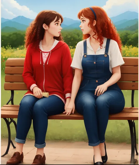 Poster disney pixar, casal de meninas uma de pele clara, pequena e com cabelo cacheado curto castanho e outra de pele parda, Tall and long red curly hair sitting on a bench in a square