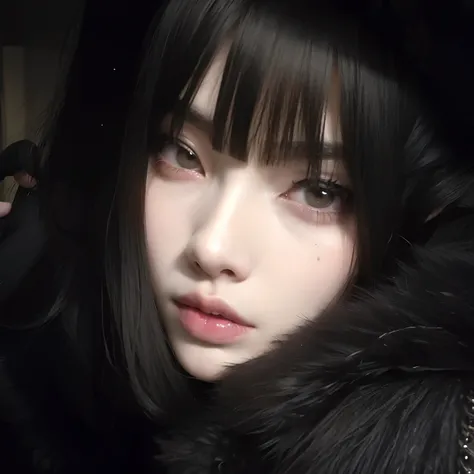 Arafed woman with black hair and a fur coat looking at the camera, cruel korean goth girl, pale goth beauty, 1 7 - year - old anime goth girl, pale white face, pelaje oscuro, Gothic girl face, cara linda. DarkFantasy, goth girl aesthetic, ulzzang, pale sno...