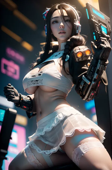 ((Best quality)), ((masterpiece)), (highly detailed:1.3), 3D, beautiful, (cyberpunk:1.6), in space, nebula, (holding_weapon:1.3), laser, (1Female mecha:1.3), sexy body, facing the audience, Glowing eyes, full body, (flying, swooping down, dynamic, motion b...