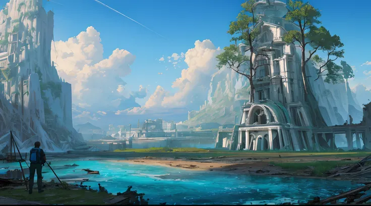 Masterpiece, high detail, 8K resolution, ConceptArt, scenery, water, sky, day, tree, cloud, waterfall, outdoors, (((ruined civilization buildings))), nature, river, blue sky, ((1boy)), backpack trousers, a wanderer