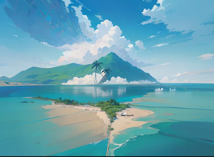 (anime style background, anime background illustration:1.3), (high quality, high resolution), a small land in the middle of the sea, green mountain, two palm tree, far away, blue sky with white clouds, landscape, afternoon hour,