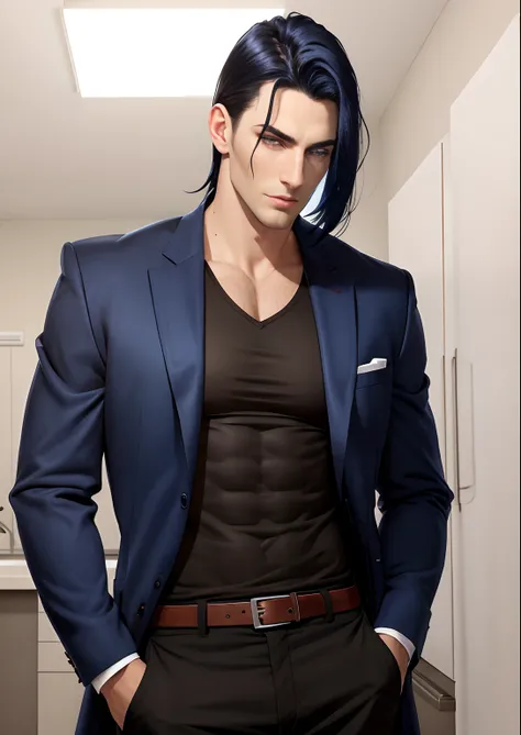 Dark blue hair, Crimson eyes, man, tall, Handsome