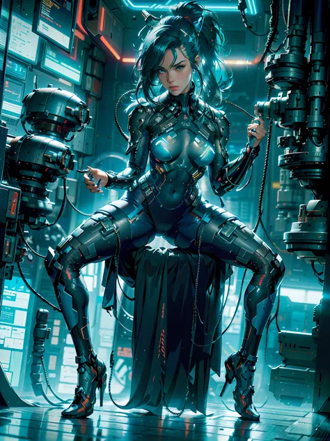 A female Cyberpunk pilot in a blue top and white shorts is sitting on a machine inside the cockpit., Sujetador deportivo y pantalones cortos azul oscuro, Sujetador deportivo y pantalones cortos, Athletic muscle tone, pecho piernas, piernas y brazos, Physic...