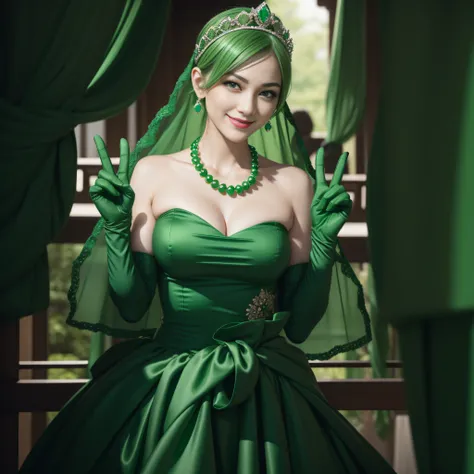 emerald tiara, Green Pearl Necklace, Boyish very short green hair, lipsticks, Japan woman smiling, very short short hair, big breasts beautiful, Green eyes, Long green gloves made of satin material, Green eyes, Emerald Earrings, green vale, v sign