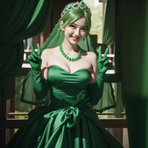 emerald tiara, Green Pearl Necklace, Boyish very short green hair, lipsticks, Japan woman smiling, very short short hair, big breasts beautiful, Green eyes, Long green gloves made of satin material, Green eyes, Emerald Earrings, green vale, v sign