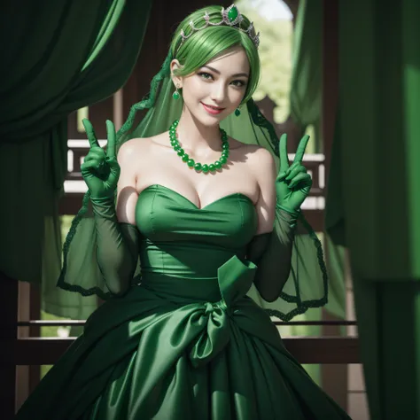 emerald tiara, Green Pearl Necklace, Boyish very short green hair, lipsticks, Japan woman smiling, very short short hair, big breasts beautiful, Green eyes, Long green gloves made of satin material, Green eyes, Emerald Earrings, green vale, v sign