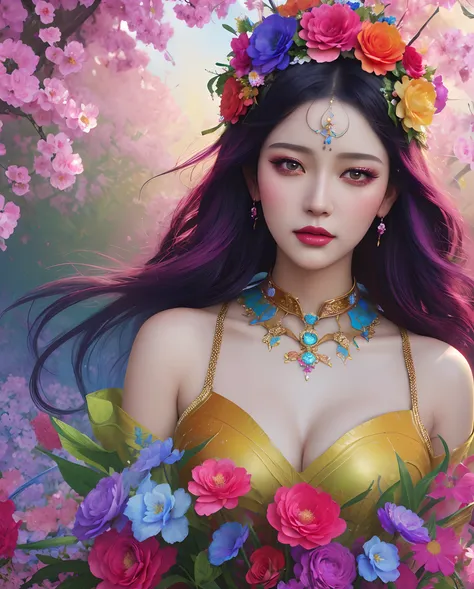 a close up of a woman with a colorful dress and flowers on her head, beautiful digital artwork, karol bak uhd, gorgeous digital art, ross tran 8 k, 4k highly detailed digital art, colorfull digital fantasy art, beautiful gorgeous digital art, beautiful fan...