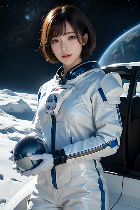 top-quality、​masterpiece、超A high resolution、(realisitic:1.4)、Beautuful Women１、Beautiful detail eyes and skin、ssmile、Light brown short-cut hair、The perfect spacesuit、spaceships、cosmic space、ice planet、