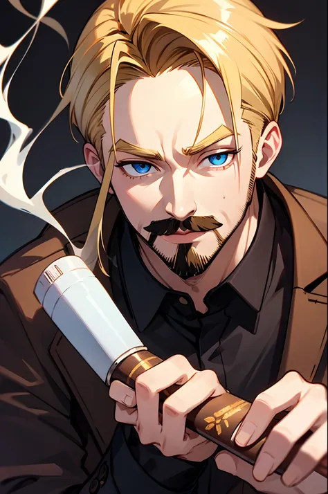 1 smoking man, smoking massive blunt, smoking a joint, smoking weed, Bratz Boy, 1 male Bratz, 32 years old, short hair, dirty blonde, mustache, facial hair, blue eyes, brown cigarette.