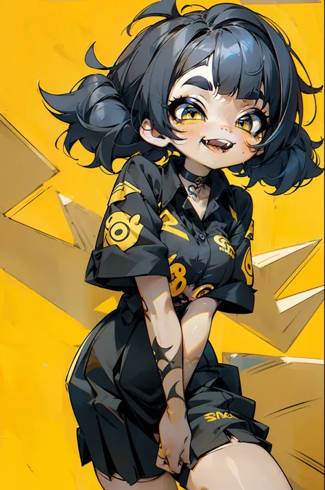 sticker,1girl,cute,kawaii,cute, blue hair, ((Medium short hair)), ((messy Hair)), (Short hair), (((Unkempt hair))), ((big sized short twin tails)), ((diagonal bangs)), (((Yellow eyes))), slant eyes, ((thick eyebrows)), (((fangs))), stick out tongue, 0pen, ...