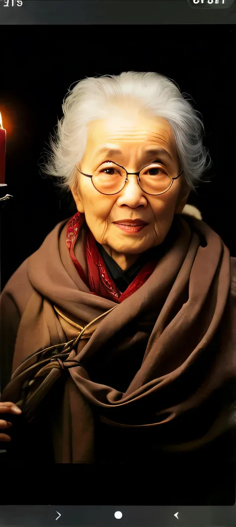 there is a woman holding a candle in her hands，A scarf is wrapped around his neck, Old lady, Old woman, author：Cheng Zhengkui, An old lady, author：Li Meishu, Older woman, the look of an elderly person, Asian woman, Chinese woman, elderly woman, author：Li Z...