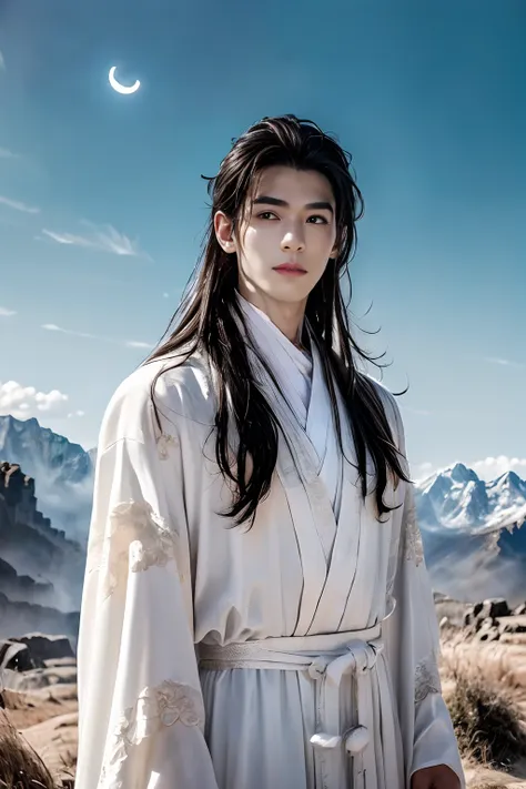 8K, masterpiece, A 21-year-old Asian man，thin eyebrows，Melon seed face，danfung Eye, Handsome face，Mens upper body ，mountain in background, Time is night。Deep blue sky，A full moon，his skin is fair，He is slender,  The limbs have pronounced muscle lines，high-...