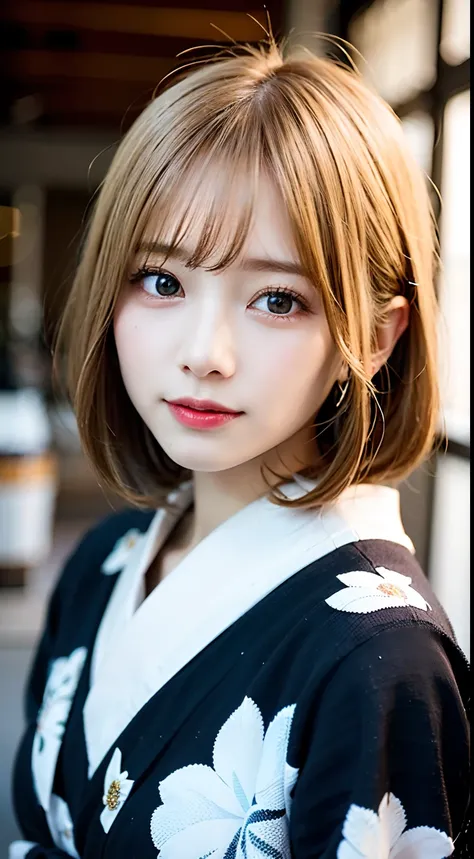 (8K, Raw photo:1.2), Detailed face and eyes,Best Quality, 超A high resolution, Highly detailed ,intricate detailes ,masutepiece ,Cute Girl , Soft cinematic light, Hyper-detailing,Sharp Focus, High quality, Blonde hair, bob cuts, Yukata