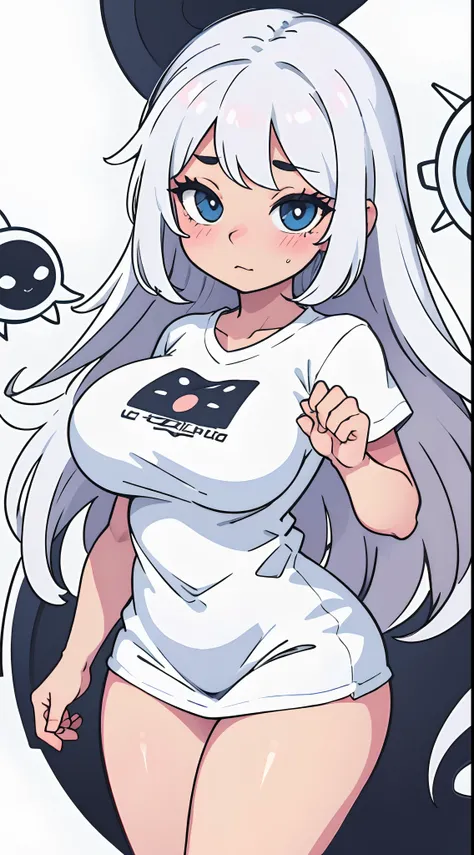 Line art, A cute girl posing, white hair, long hair, cute, blushing, big eyes, thick thighs, thick, big breasts, thighs , wearing tshirt, dot nose, clean face,