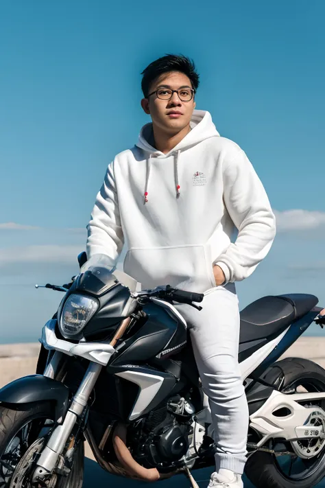 Andrew thomas huang, riding motorcycle, , eyeglasses, (neat muscular), white hoodie jacket, jeans, white sneakers, taking off helmet