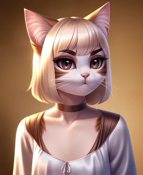 (1girl, solo), (masterpiece, best quality, ultra-detailed), (full body)
(simple background, natural lighting, intricate details), 
(humanoid face, cute female anthro cat, (detailed silky cat fur:1.2), (cat fur), cat ears and pink nose),
(platinum blonde co...