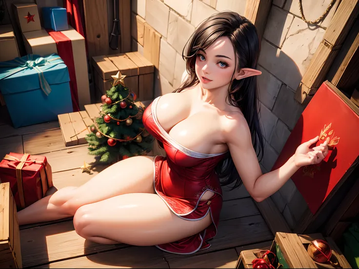 (best quality,ultra-detailed,realistic:1.37),woman dressed in a short red dress, hard erect , beautiful detailed eyes, beautiful detailed lips, short black hair, happy and excited face, red shorts, holding a blue Christmas present, expressive pose, artisti...