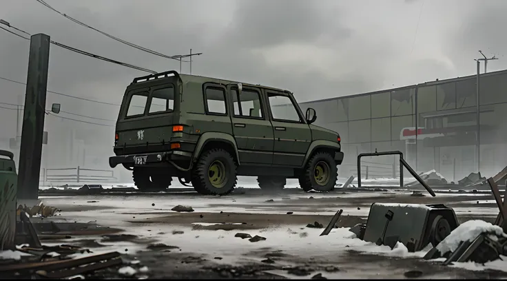 masterpiece, best quality, exterior of a dilapidated parking lot, a khaki green suv (cyberpunk, rust, broken headlight, very det...