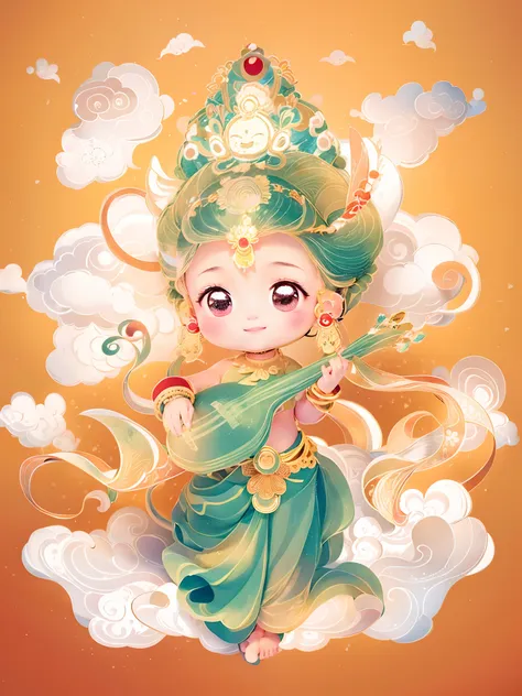 A cute girl，Wear traditional clothing，Auspicious clouds，