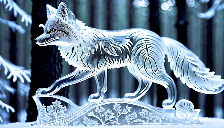 An intricate and delicate ice sculpture of a silver fox, with precise detailing and expert craftsmanship, set against a backdrop of a snowy forest.