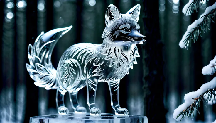 An intricate and delicate ice sculpture of a silver fox, with precise detailing and expert craftsmanship, set against a backdrop of a snowy forest.