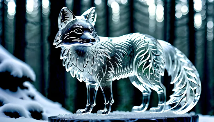 An intricate and delicate ice sculpture of a silver fox, with precise detailing and expert craftsmanship, set against a backdrop of a snowy forest.