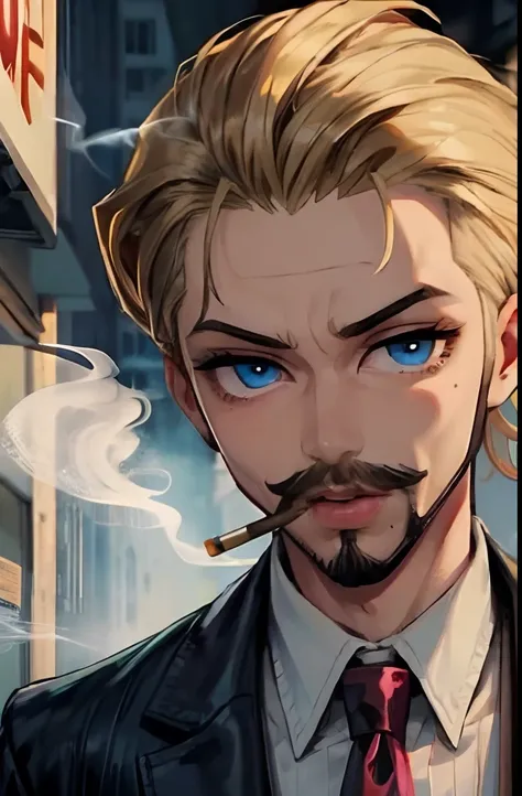 1 smoking man, smoking massive blunt, smoking a joint, smoking weed, Bratz Boy, 1 male Bratz, 32 years old, short hair, dirty blonde, mustache, facial hair, blue eyes, brown cigarette.