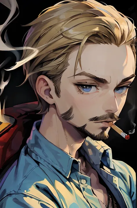 1 smoking man, smoking massive blunt, smoking a joint, smoking weed, Bratz Boy, 1 male Bratz, 32 years old, short hair, dirty blonde, mustache, facial hair, blue eyes, brown cigarette.