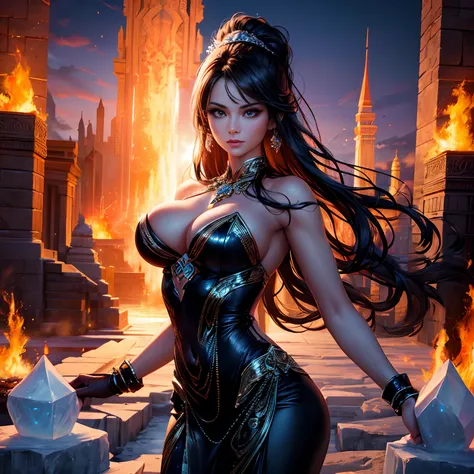 super high quality, (8k, RAW photo, realistic), ice sculpture of a beautiful woman, background black, gorgeous temple of fire, (magnificent view:1.3), detailed and delicate depiction and flashy and dynamic painting method, professional lighting