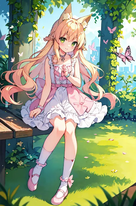 masterpiece, best_quality,1girl, solo,fox_ears,yellow eyes:1.5|green eyes:1.1,(pink hair:1.2|blonde hair), gentle hazel eyes, flowing wavy hair, ankle socks, gazing at viewer, white socks, ballet flats, pastel sundress, full body, butterfly garden, surroun...