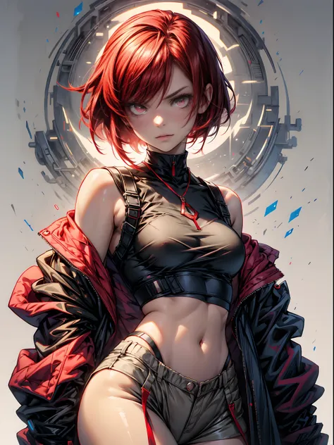 Anime-style illustration of a young girl with intense crimson eyes and short, red hair in a modern bob cut. Shes wearing a loose, beige jacket over a dark crop top, radiating a tough, no-nonsense attitude.The image should be drawn with soft pastels on a wh...