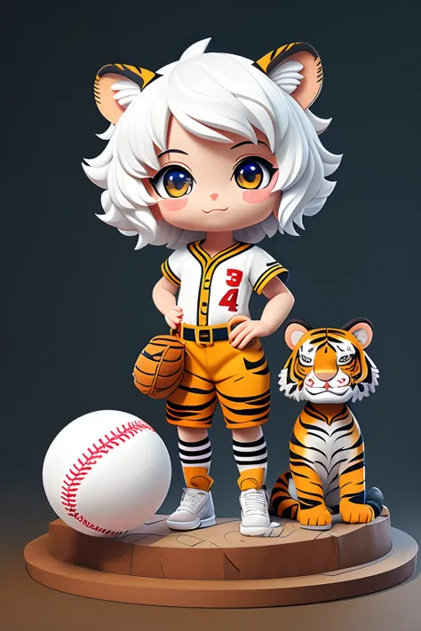 ​masterpiece、top-quality、lots of detail、(full bodyesbian:1.2)、chibi、tiger girl、white  hair、oversized baseball uniforms, baby tig...