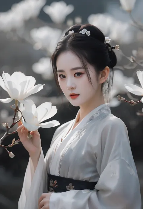 Fashion Photography Portrait Girl, cropped shoulders,   Hanfu, Chinese countryside, elegant figure, flowing fabrics, Sunshine,Pose in front of the flowers,  Soft light edge lights, beautiful shadow, low tune, Realistic, Natural skin texture, Realistic Eyes...