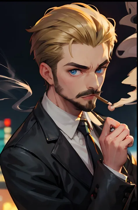 1 smoking man, smoking massive brown blunt, smoking a brown joint, smoking weed, Bratz Boy, 1 male Bratz, 32 years old, short hair, dirty blonde, mustache, facial hair, blue eyes.