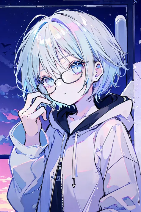 vampire, ((((pastel sky blue short hair))))，blue and white hoodie，black light-rimmed glasses，super good looking, especially cute...