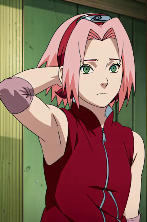 sakura haruno, sleeveless, red jacket, forehead protector, konohagakure symbol, arms behind head, armpits, showing armpits, posi...