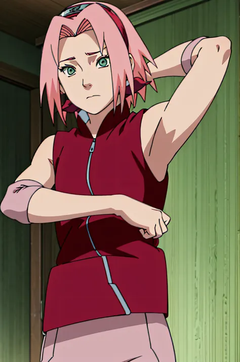 sakura haruno, sleeveless, red jacket, forehead protector, konohagakure symbol, arms behind head, armpits, showing armpits, posi...