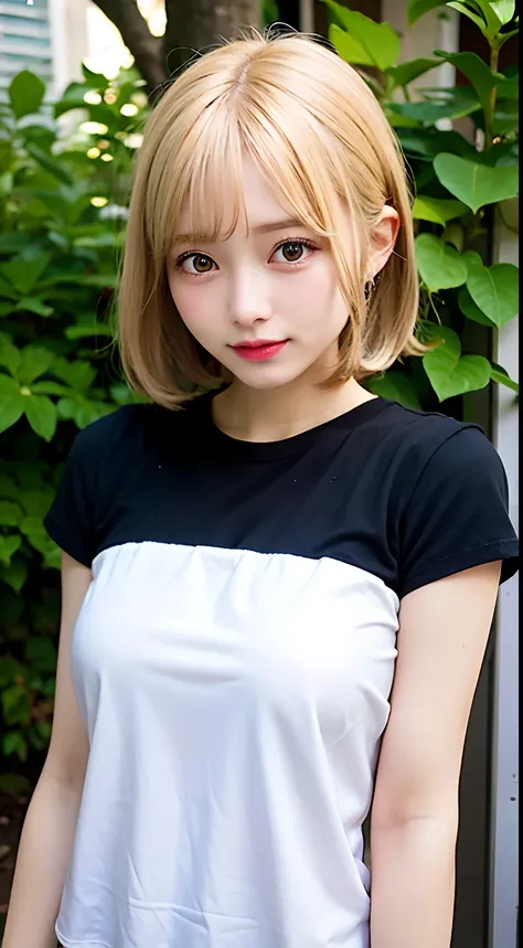 (8K, Raw photo:1.2), Detailed face and eyes,Best Quality, 超A high resolution, Highly detailed ,intricate detailes ,masutepiece ,Cute Girl , Soft cinematic light, Hyper-detailing,Sharp Focus, High quality, Blonde hair, bob cuts, tits out, Long T-shirt