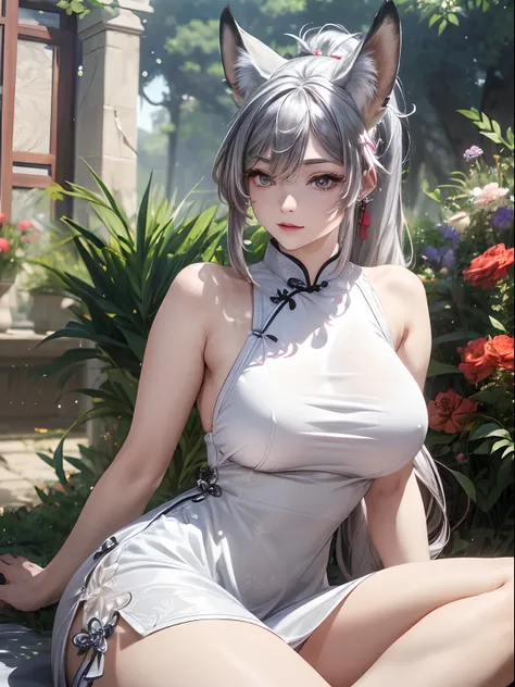 absurderes,(​masterpiece、top-quality、8K ),intricate detailes,ultra-detailliert、1 beautiful pale woman,(silber hair:1.2),((fox ear:1.3)),Long ponytail,Mega Ponytail,(qipao dress:1.3),thighs thighs thighs thighs、long eyelashes,(Beautiful and detailed eyes),G...