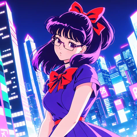 retro anime, 1990s anime, 1980s anime, brushstrokes, 1girl in, Bow, Dress, female focus, frilld, Purple hair, Red Eyes, bow ribbon, shawls, Solo、cyberpunked、Buildings on the background、natta、Woman looking down、neons、Woman in glasses、Facing the front、I put ...