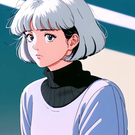 muted pastel colors, Retro anime, аниме 1990-х, 1980s anime, brushstrokes, 

tmasterpiece, beste-Qualit, 1girl, 独奏, kblack eyes, 
white colored hair, black sweater top, Bob haircut, closed mouth, hairlong, Simple background